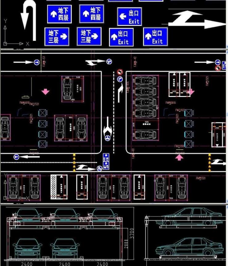 地下停车场道路标识龙门牌交通设施机械立体停车CAD施工图平面图