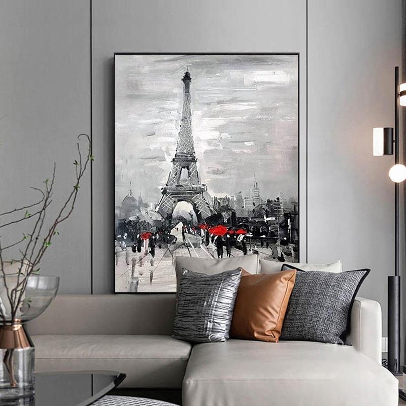 网红欧式黑白建筑客厅装饰画手绘油画埃菲尔铁塔风景卧室玄关肌理