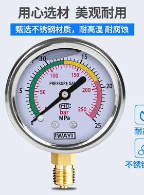 。耐震压力表yn60液压油压气压测水压表1.6防抗震气泵打压不锈钢2