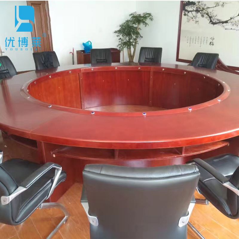 苏州办公家具圆形会议桌油漆实木皮型会议台红胡桃办公桌