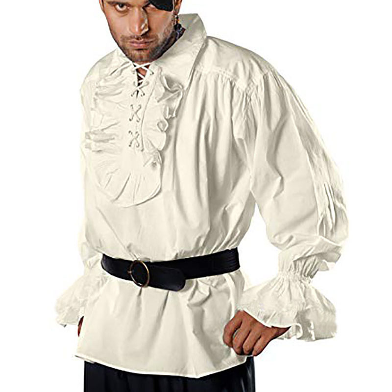 欧美复古中世纪宫廷风蓬蓬袖上衣 舞台话剧表演服纯色绑带衬衫男
