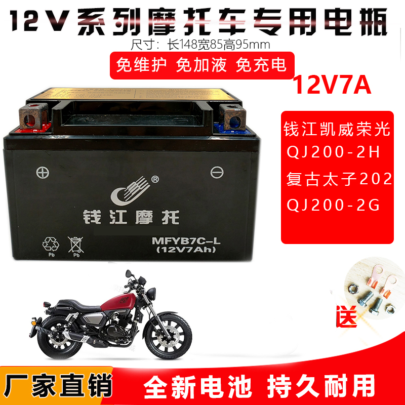 适用钱江凯威荣光BJ200-2H-2G复古太子202摩托车免维护干电池12V7