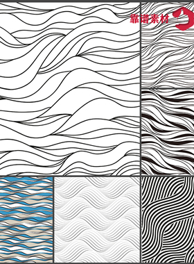 简单黑白波浪曲线条抽象几何无缝印花图案AI矢量设计素材