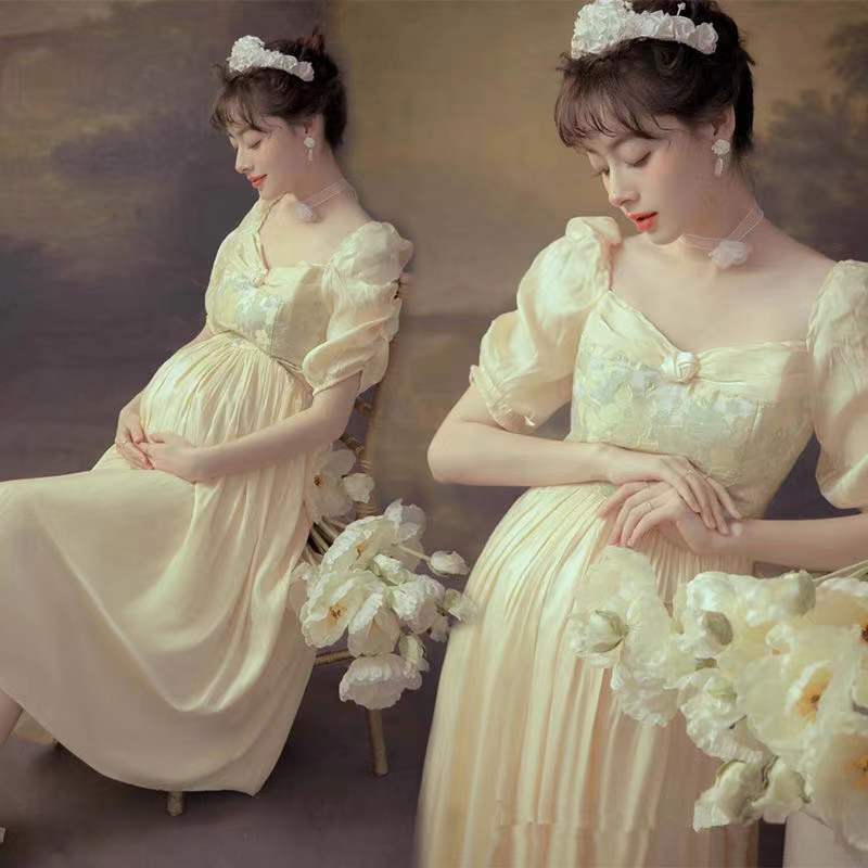 新款法式孕妇泡泡袖礼服唯美油画风拍照连衣裙孕妇照艺术时尚服装