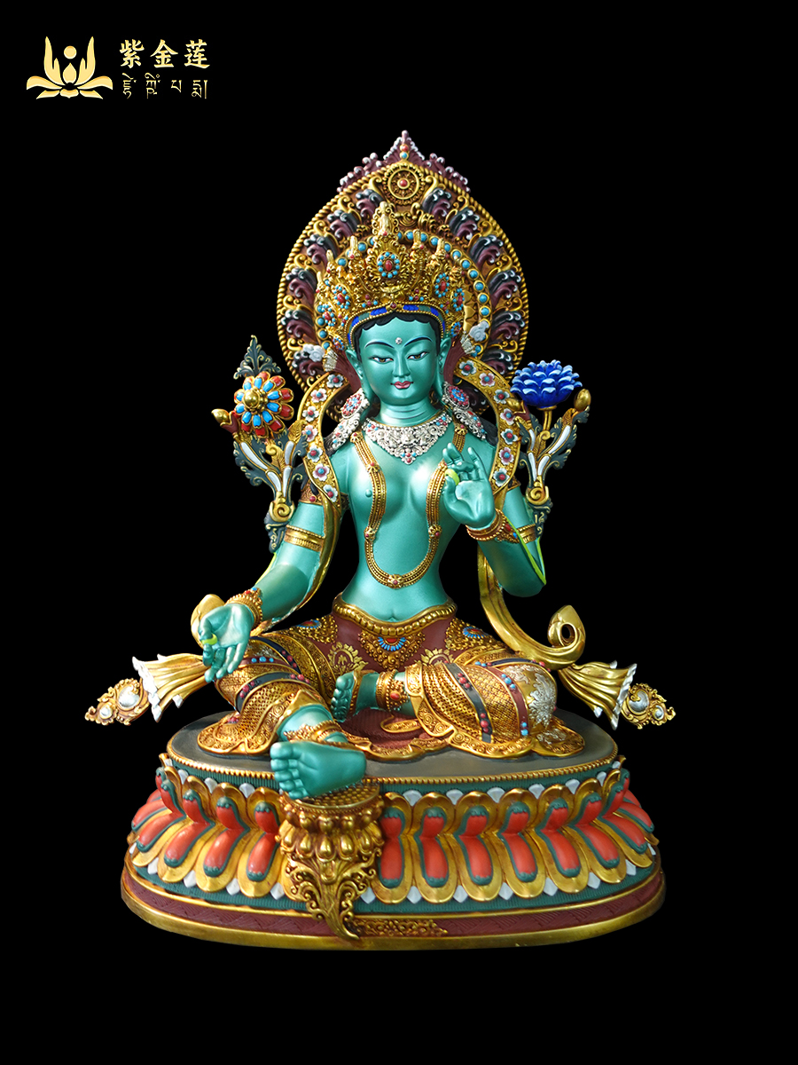 紫金莲 尼泊尔西藏工艺 藏传密宗彩绘绿度母纯铜手工錾刻