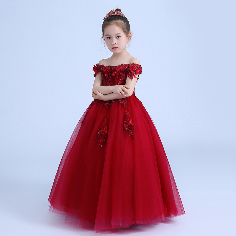 公主裙女童生日一字肩儿童钢琴演出服演奏小主持人六一礼服红色夏