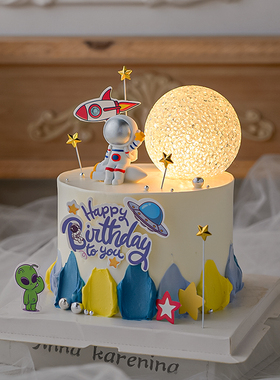 太空宇航员蛋糕装饰摆件男孩儿童生日星球火箭发光月亮灯烘焙装扮