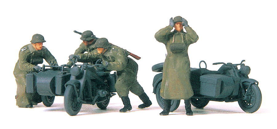 HO 未上色套件 需自行組裝 Preiser 16580 二戰德軍摩托車兵