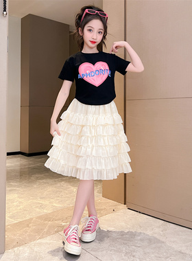 女童连衣裙夏装2024新款韩版洋气时髦短袖T恤公主蛋糕裙两件套潮