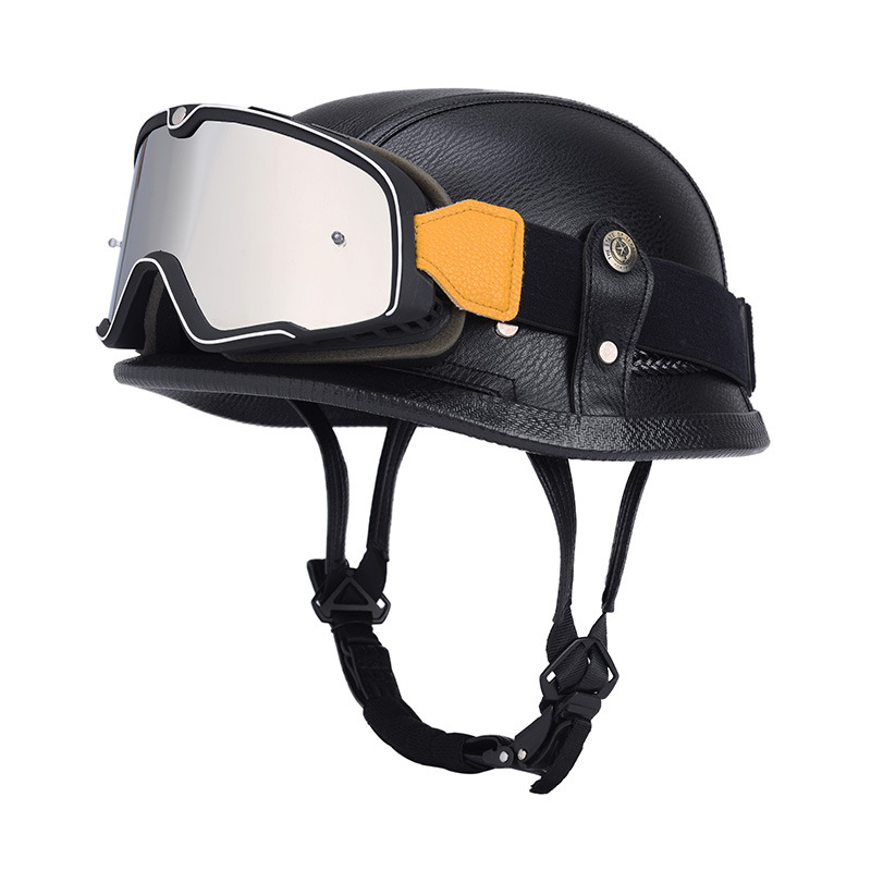 3C认证跨境女成人复古头盔德国钢盔机车太子盔街车手工皮帽半盔