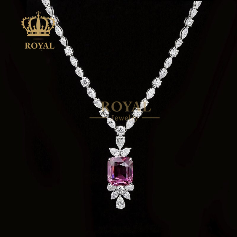 ROYAL珠宝8.85CT紫蓝宝项链女高净玻璃体钻石18K金镶嵌优雅晚宴款