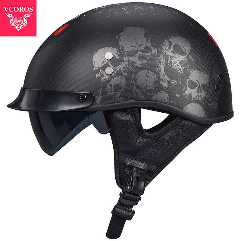 高档VCOROS复古半盔摩托车碳纤维头盔男女夏季个性机车哈雷瓢盔3c