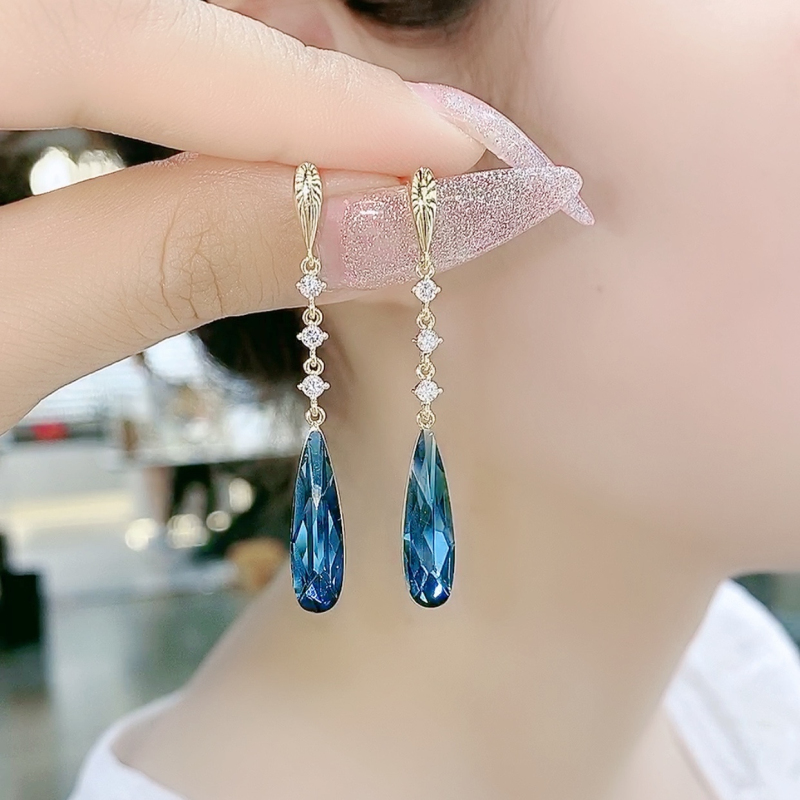 蓝色水晶耳环女夏季2021年新款潮银针气质高级感轻奢百搭水滴耳饰