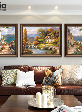 美式客厅装饰画沙发背景墙大气挂画手绘油画欧式三联画高级感壁画
