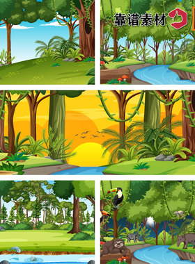 动物森林树林树洞小河流水卡通插画舞台背景AI矢量设计素材