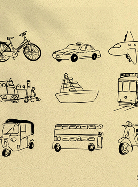 公共交通插图手绘出租车剪贴画绘制公交线路艺术平面轮廓自行车图