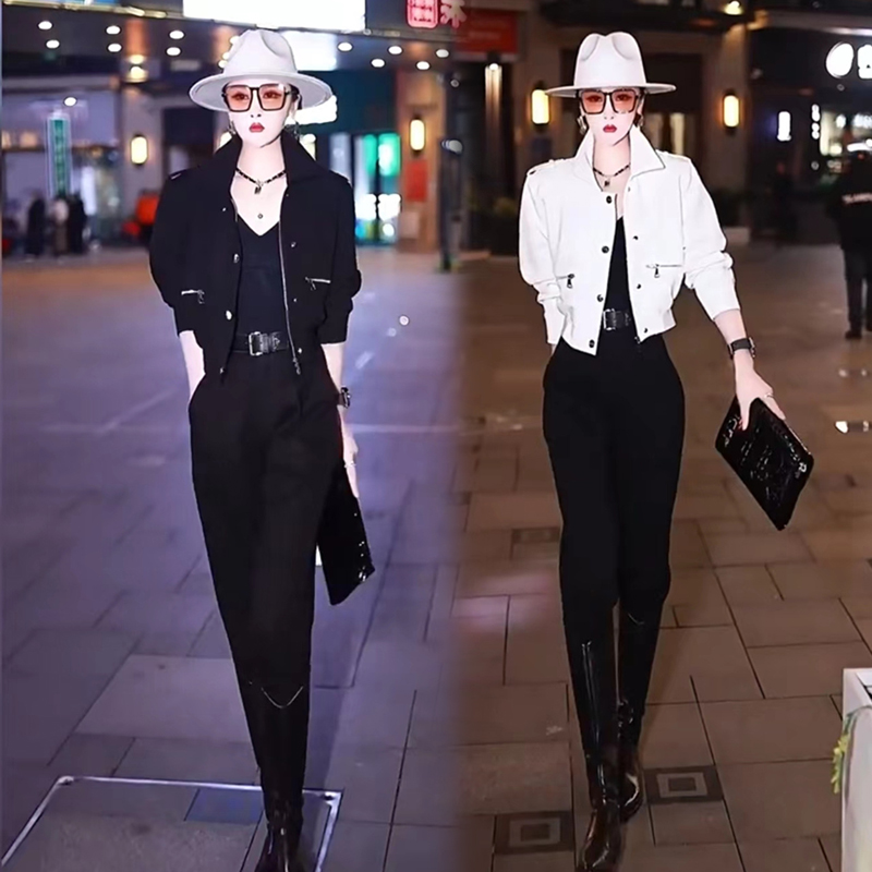 酷飒通勤风时尚两件套2023年秋季新款韩版机车风夹克外套+休闲裤