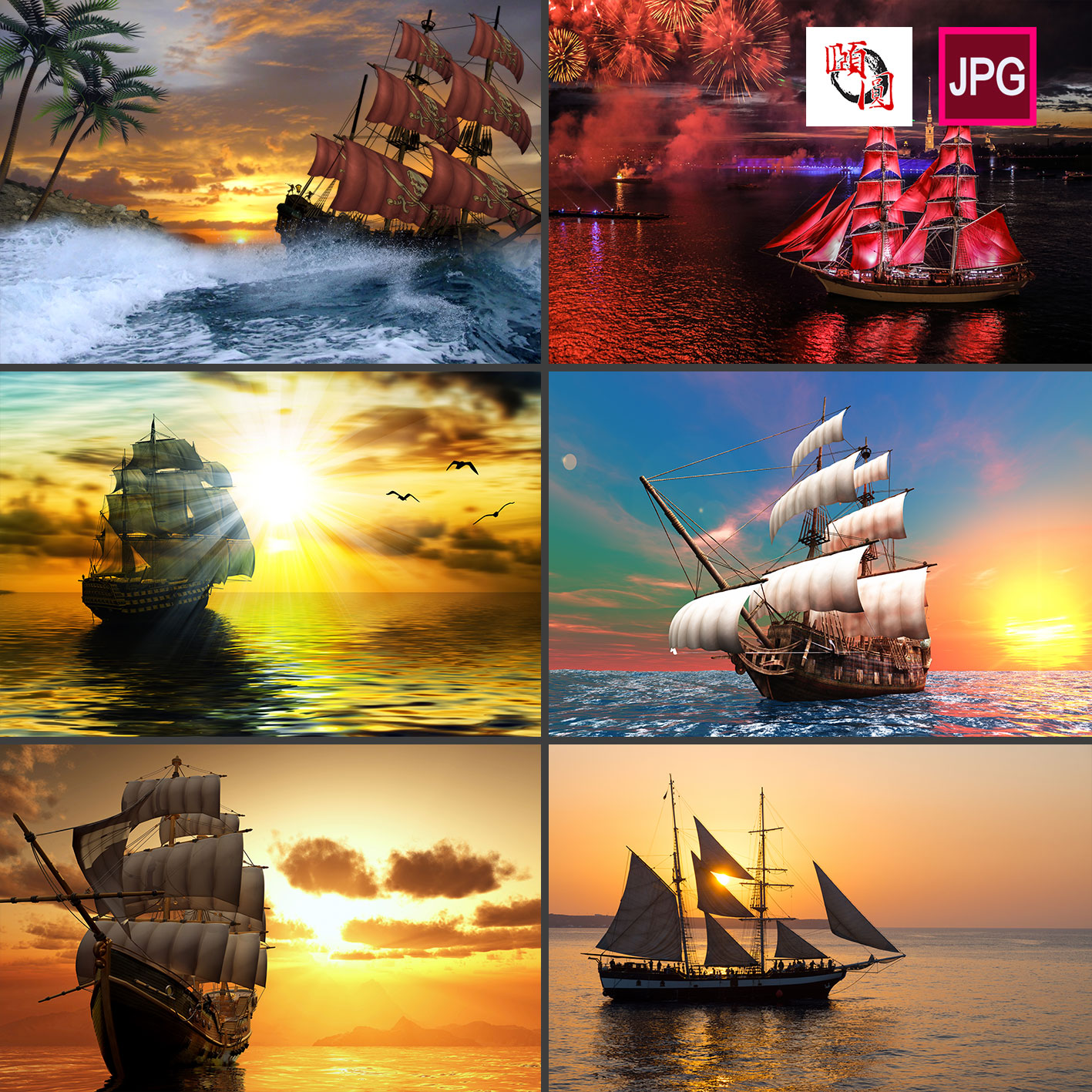 湖泊海洋日出夕阳海上船只帆船轮船装饰画风景背景图片设计素材