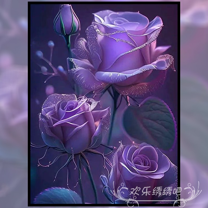 印花十字绣钻石画2023新款紫色玫瑰花客厅餐厅自己绣小件简单花卉