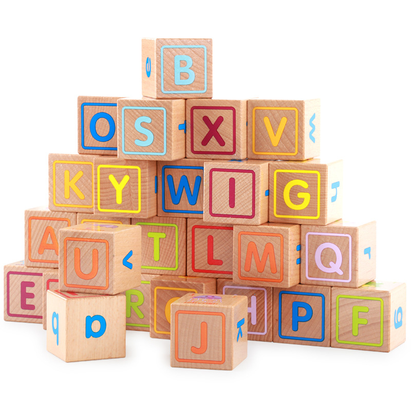 正方形积木玩具优质榉木字母ABC组合积木26个英文六面画木制4厘米