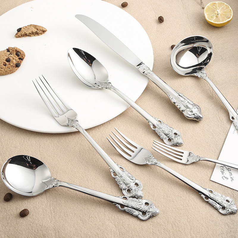 出口欧美玫瑰欧式西餐刀叉勺汤勺银色牛排餐套装复古勺子餐具创意