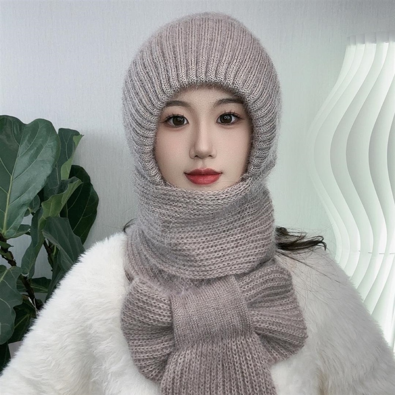 新款女士冬季帽子围巾一体加绒加厚骑车保暖防风雪帽针织防寒冬天
