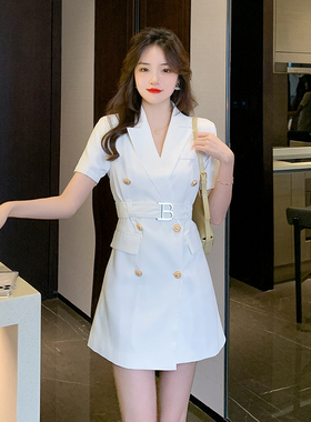 实拍 现货 夏季新款小香风法式高级感白色连衣裙女小众设计西装裙