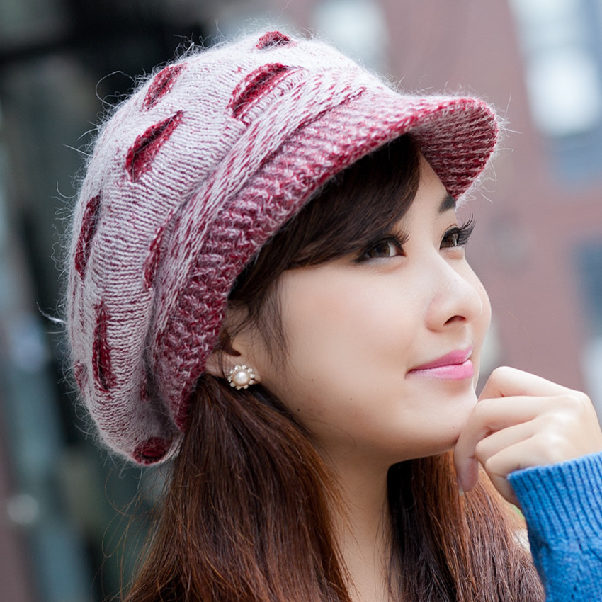 女士韩版秋冬天针织鸭舌贝雷帽子眼皮毛线帽兔毛帽潮冬季保暖护耳