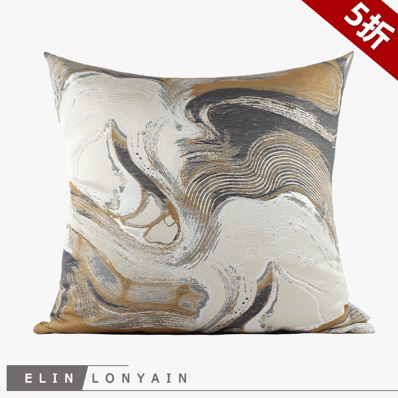 ELIN水墨咖色抽象图案靠垫抱枕样板房售楼会所现代新中式轻奢方枕