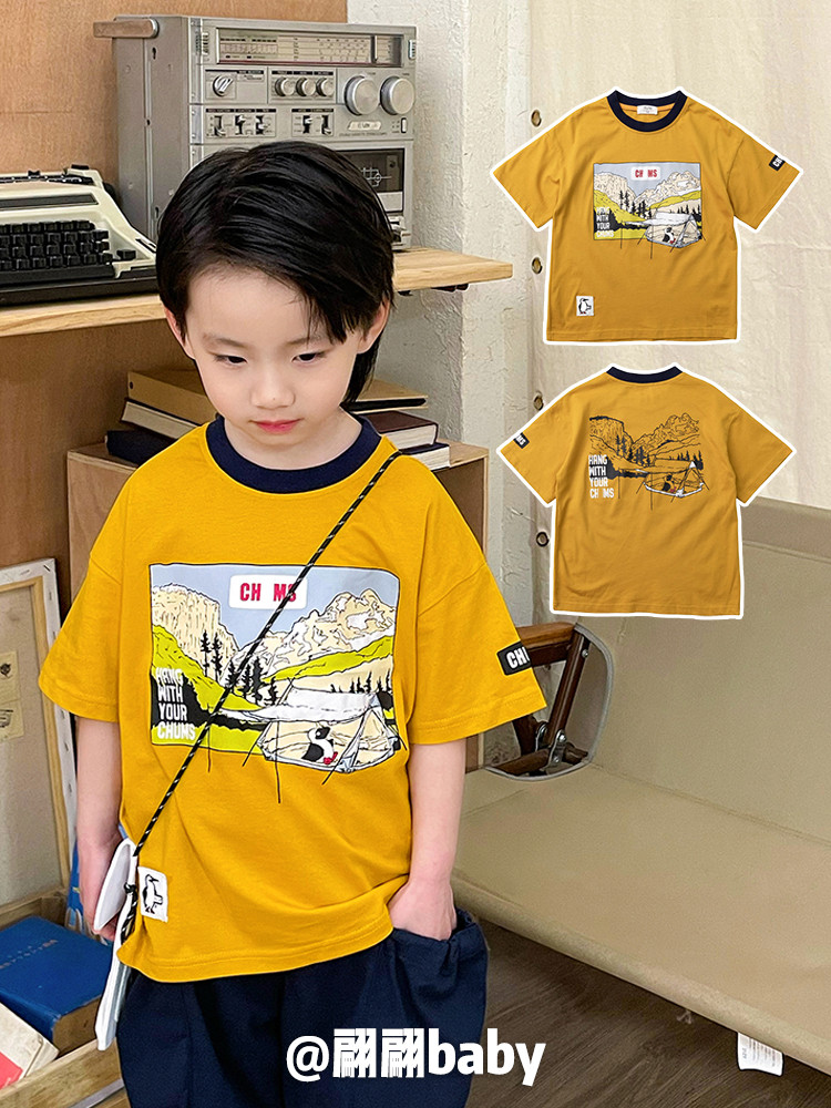 23夏季新款日系潮男儿童装黄色洋气卡通风景画纯棉撞色领短袖T恤