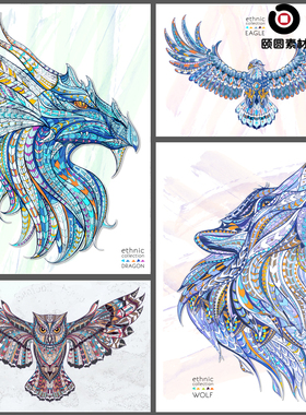 卡通抽象线描彩色动物神龙服装印花图案AI矢量设计素材