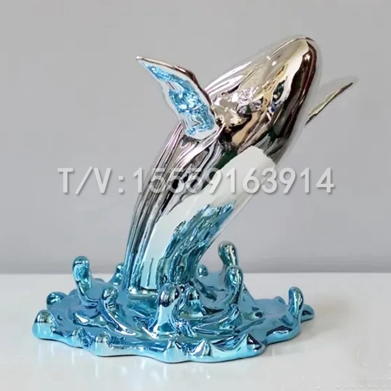 不锈钢创意玻璃钢鲸鱼浪花雕塑定制水景酒店门厅海洋动物摆件装饰
