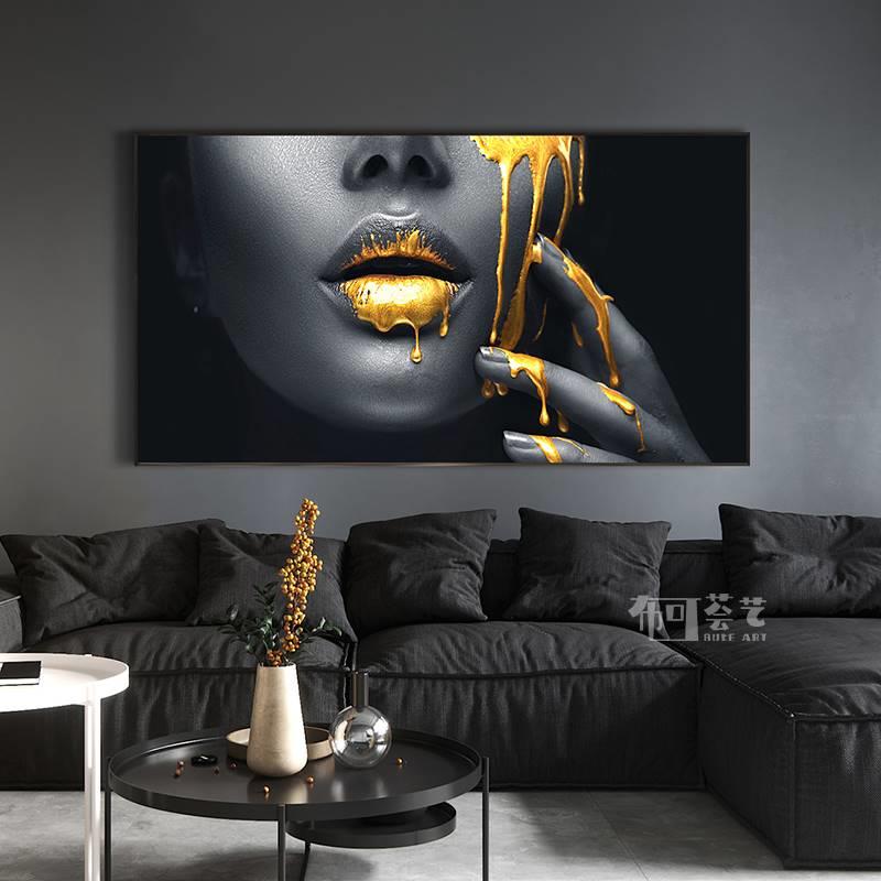 现代轻奢客厅装饰画卧室床头壁画人脸彩绘抽象黑金沙发背景墙挂画