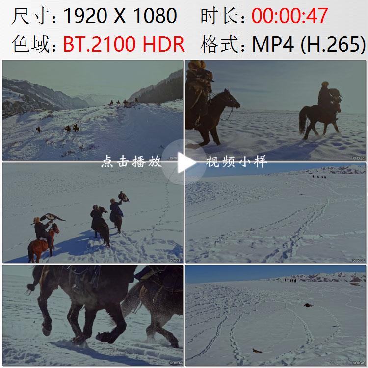 航拍新疆伊犁昭苏冰雪覆盖山区牧民猎人金雕捕猎高清实拍视频素材
