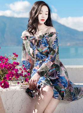 夏季女装修身长袖露背雪纺连衣裙短裙越南芽庄旅游海边度假沙滩裙