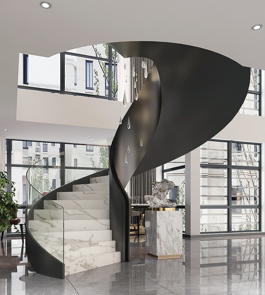 旋转楼梯现代美学网红弧形玻璃艺术玻璃扶手免费定制设计安装实木