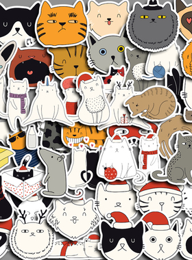 韩版卡通猫咪图案简笔画小猫50枚手账贴纸行李箱平板电脑防水贴画