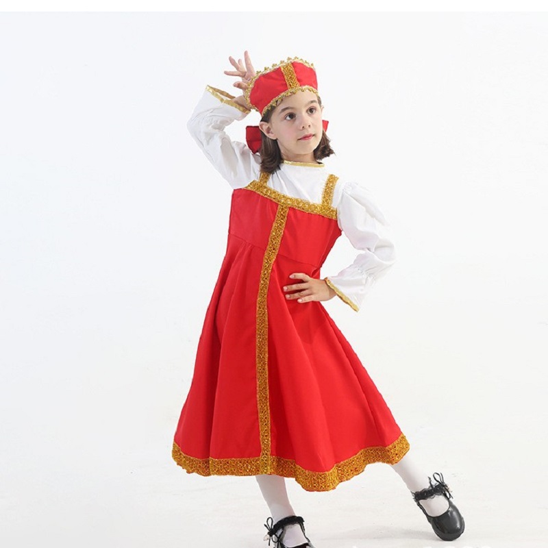 六一儿童节表演服装俄罗斯女孩传统舞蹈民族服饰乌克兰红色连衣裙
