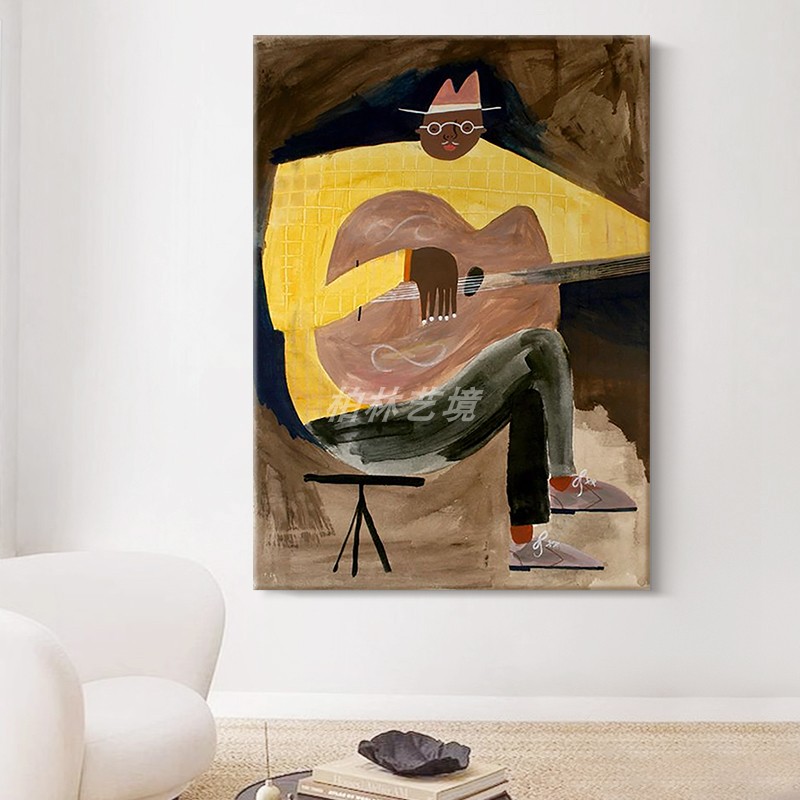 美式客厅弹吉他装饰壁画抽象人物手绘油画高级感玄关小众艺术挂画