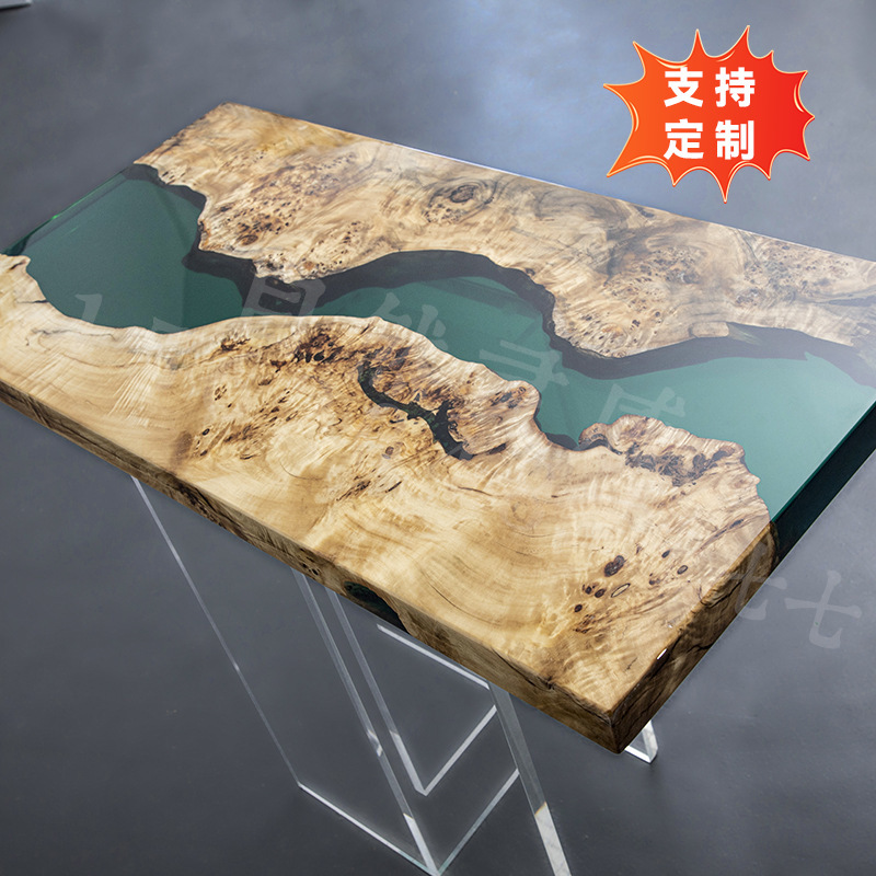 法国白杨木原木环氧树脂河流桌创意个性实木大板茶桌茶台桌冰晶桌