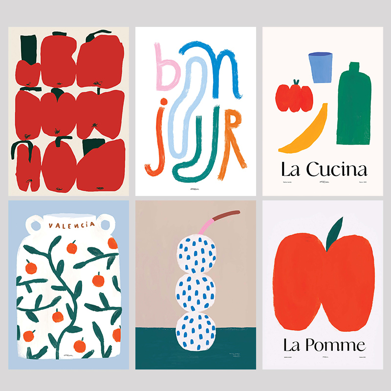 现代简约丹麦设计抽象苹果儿童房装饰画海报背胶油画布打印画芯