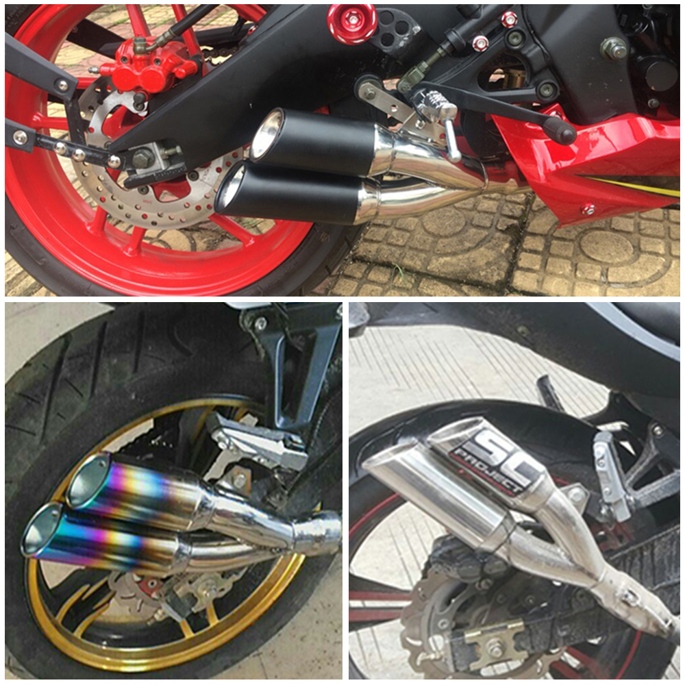 摩托车改装双出排气管小忍者银钢小怪兽R6天蝎不钢锈改装