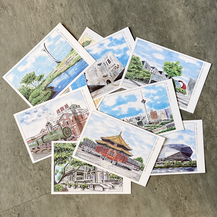 微码客原创手绘沈阳明信片 盛京城市风景建筑卡片特色旅游纪念品