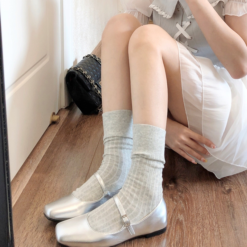 浅灰色中筒袜子女春夏季薄款JK白色小腿袜竖条纹烟灰色堆堆袜短袜