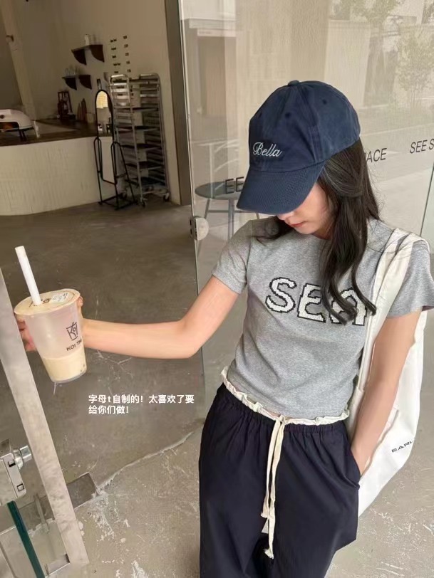韩国东大门2024夏季新款时尚百搭圆领SEA字母图案短袖T恤短款上衣
