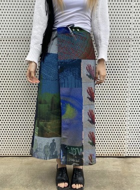 Exclusive type韩国个性设计街头抽象图案印花围裙系带半身裙长裙