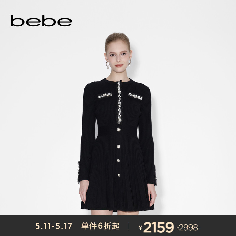 bebe2024春夏系列女士小香风圆领纯色收腰羊毛针织连衣裙430912