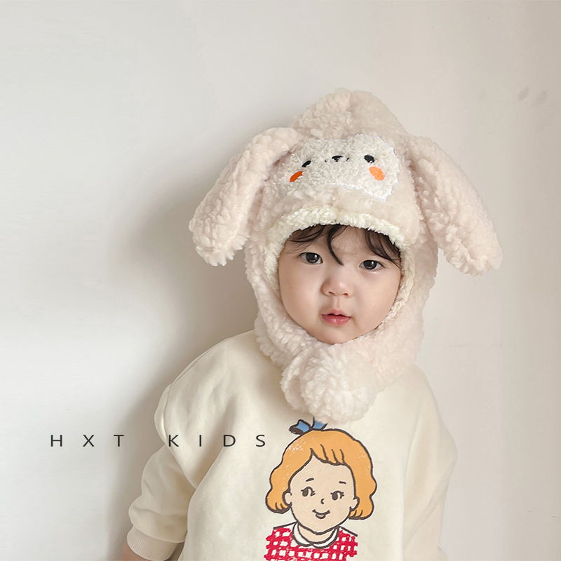 儿童帽子围巾一体秋冬季羊羔绒韩国宝宝超萌可爱图案保暖护耳帽冬