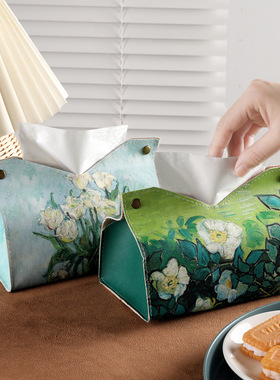 好看的纸巾盒抽纸盒极简风月下白玫瑰油画轻奢风客厅家用桌面高档