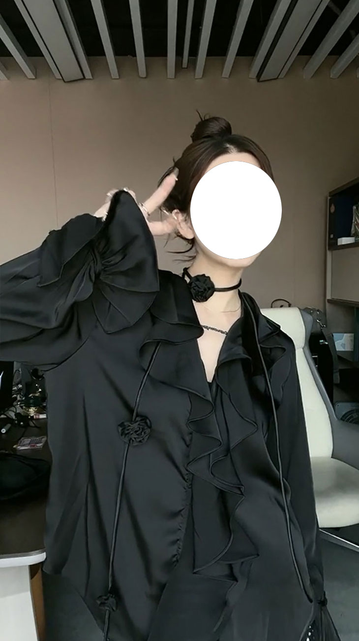 高级感V领黑色长袖衬衫女春夏薄款荷叶边系带衬衣独特别致上衣潮